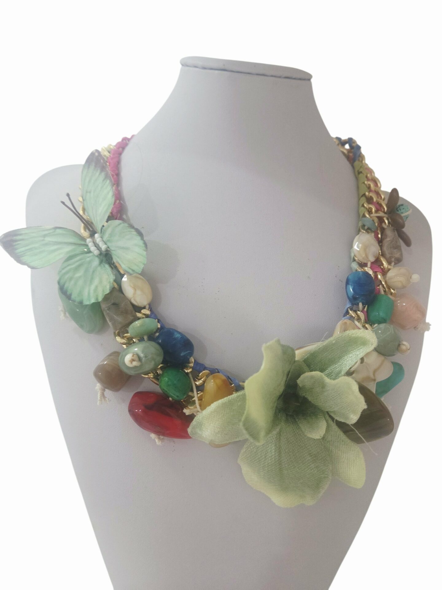 Collana girocollo regolabile realizzata con resine, fiore e farfalla in tessuto
lunghezza 57cm Spedizione Gratuita