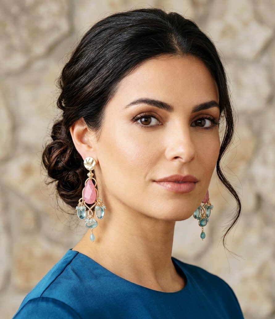 Handcrafted earrings with rose quartz and turquoise and brass workmanship. Length 8.5cm. Weight 11.8g. Free shipping Orecchini realizzati artigianalmente con quarzi rosa e turchesi e lavorazione in ottonelunghezza 8.5cmpeso 11.8gr Spedizione Gratuita