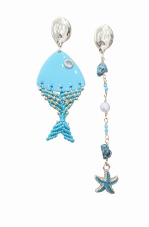 Orecchini marini desigual realizzati con pesciolino in metallo smaltato e tessuto e turchese con perline di fiume e stellina 
lunghezza pesce 7.5cmpeso pesce 8.9gr
lunghezza stellina 9.5cm peso 5.2gr Spedizione Gratuita