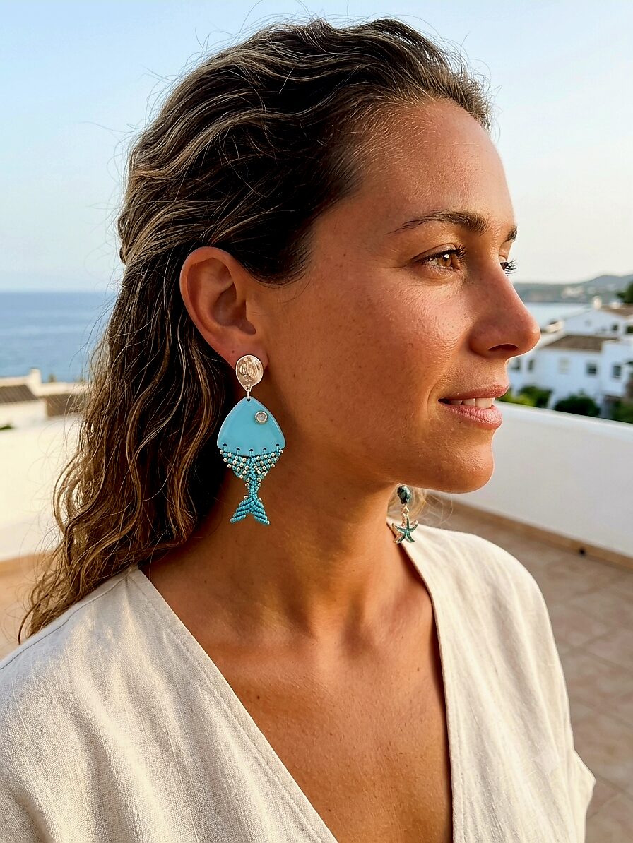 Desigual marine earrings made with enameled metal fish and fabric and turquoise with river beads and starfish length 7.5cm fish weight 8.9gr starfish length 9.5cm weight 5.2gr Free shipping Orecchini marini desigual realizzati con pesciolino in metallo smaltato e tessuto e turchese con perline di fiume e stellina lunghezza pesce 7.5cmpeso pesce 8.9grlunghezza stellina 9.5cm peso 5.2gr Spedizione Gratuita
