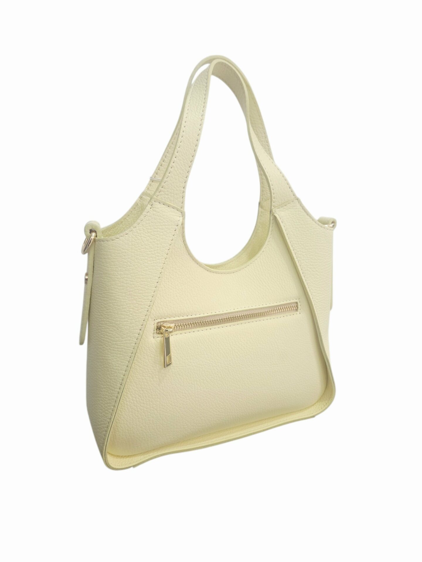 Borsa vera pelle,made Italy, interno foderato scomparto unico con tasche laterali, dotata di tracolla,chiusra con zip, tasca esterna con zip. colore giallo chiaro 
misure H19 B10 L26 Spedizione Gratuita