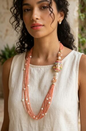 Collana realizzata artigianalmente con fili di cristalli e perle di fiume,laterale con testa di moro in ceramica di Caltagirone. 
lunghezza 80cm Spedizione Gratuita