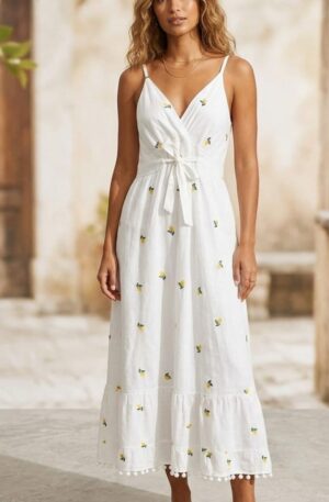 Abito lungo 100% cotone bianco con limoni ricamati  con bratelline regolabili, retro elasticizzato e pom pom finali.  Taglia unica Spedizione Gratuita