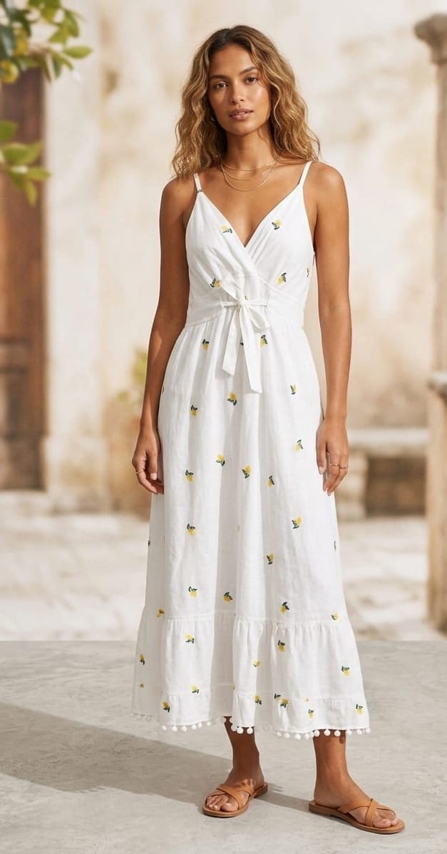 100% white cotton long dress with embroidered lemons, adjustable straps, elasticated back, and pom poms at the ends. One size fits all. Free shipping Abito lungo 100% cotone bianco con limoni ricamati con bratelline regolabili, retro elasticizzato e pom pom finali. Taglia unica Spedizione Gratuita