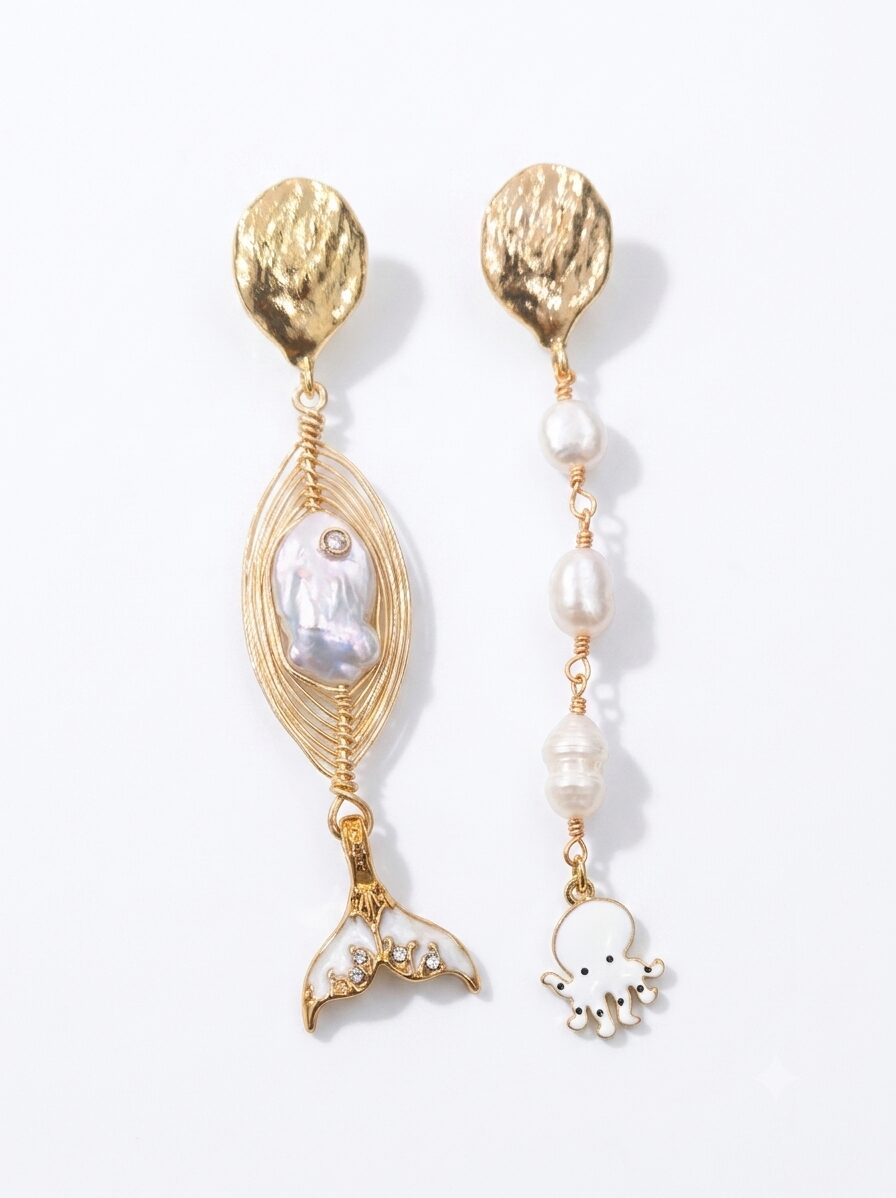Handcrafted earrings with river pearls, brass tail and white enameled steel octopus. Length 7cm, fish weight 6.5g, octopus weight 4.1g. Free shipping Orecchini realizzati artigianalmente con perle di fiume,ottone coda e polipo in acciaio smaltati bianchi.lunghezza 7cm peso pesce 6.5gr peso polipo 4.1gr Spedizione Gratuita