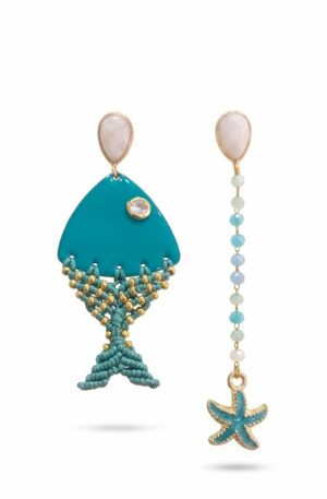Orecchini  realizzati con pesce smaltato e lavorato con tessuto,cristalli e perno in pietra di luna su base in ottone
lunghezza pesce 6.5cm lunghezza stella 8.5cm
peso pesce 7gr peso stella 2.8gr Spedizione Gratuita