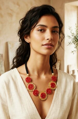 Collana girocollo regolabile realizzata con corallo applicato su base in ottone e cordone nero
lunghezza 56cm Spedizione Gratuita