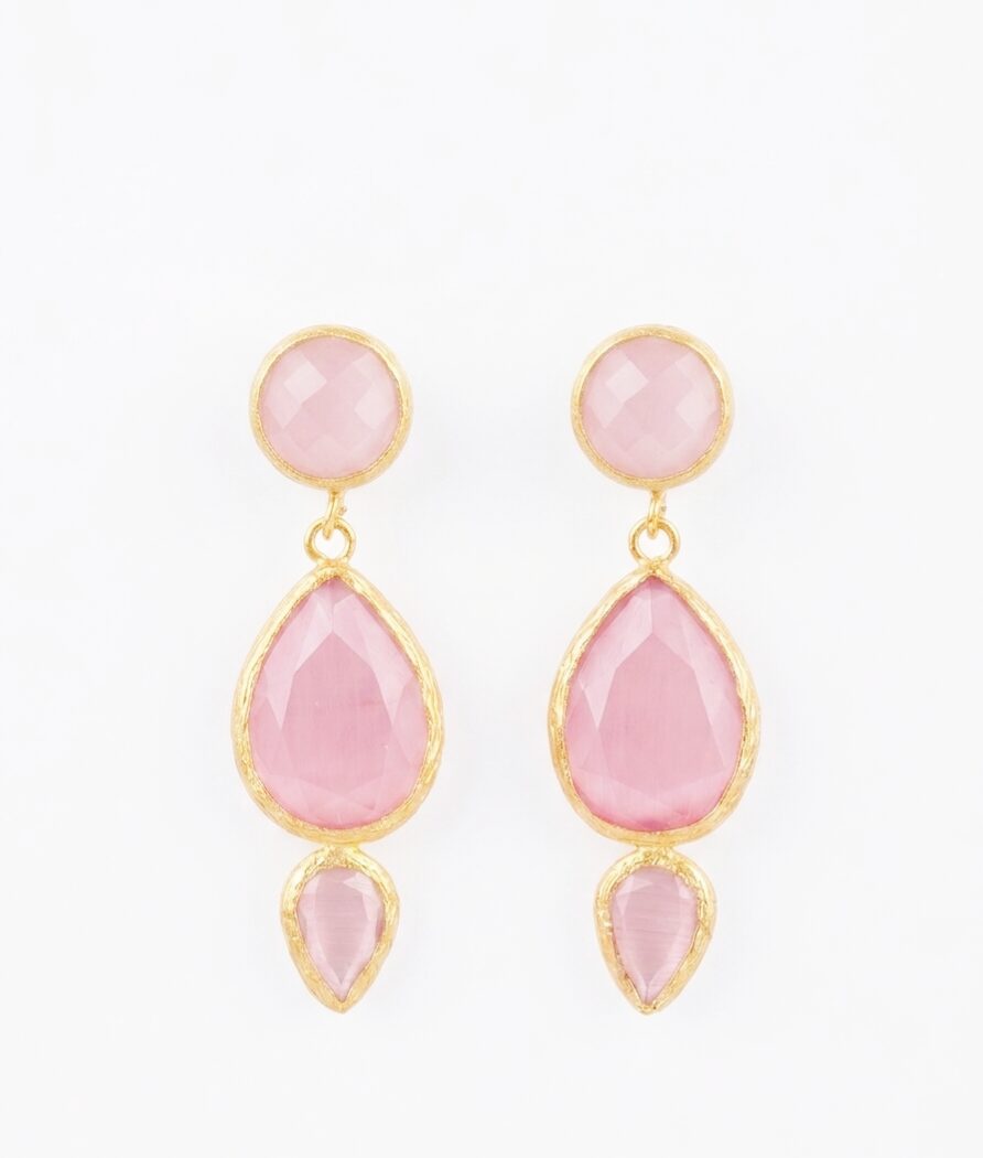 Orecchini  realizzati con occhio di gatto rosa contornati da ottone 
lunghezza 4.5cm
peso 3.9gr Spedizione Gratuita