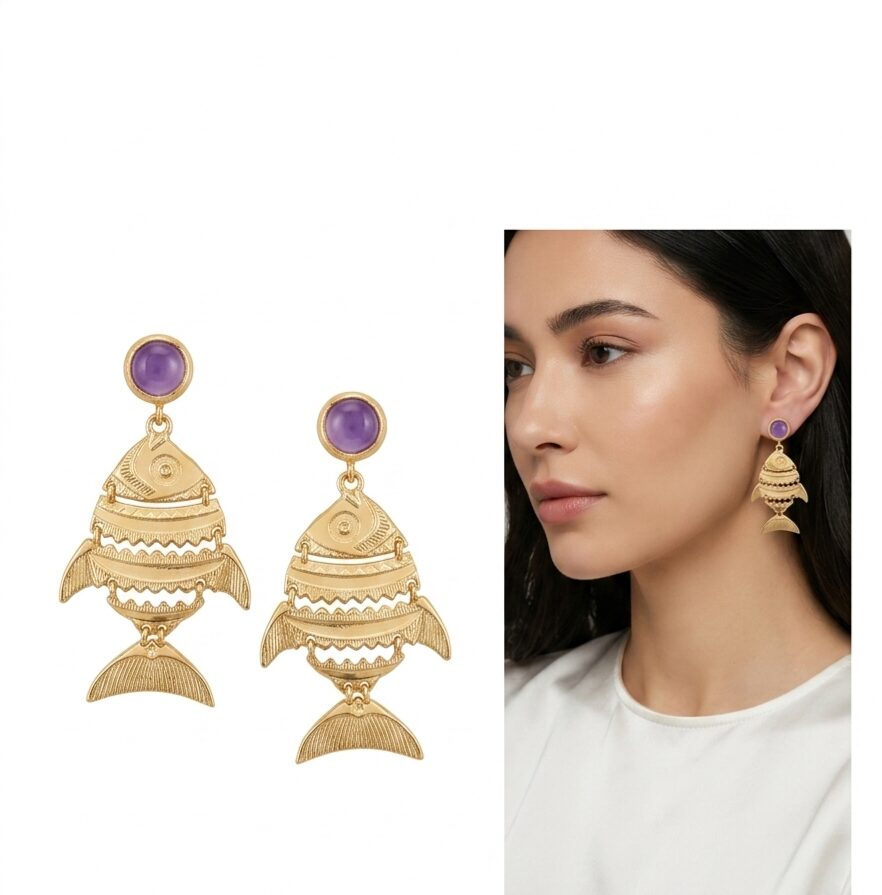 Orecchini realizzati con pesciolini mobili in ottone e perno agata viola
peso 7.2gr
lunghezza 4.5cm Spedizione Gratuita